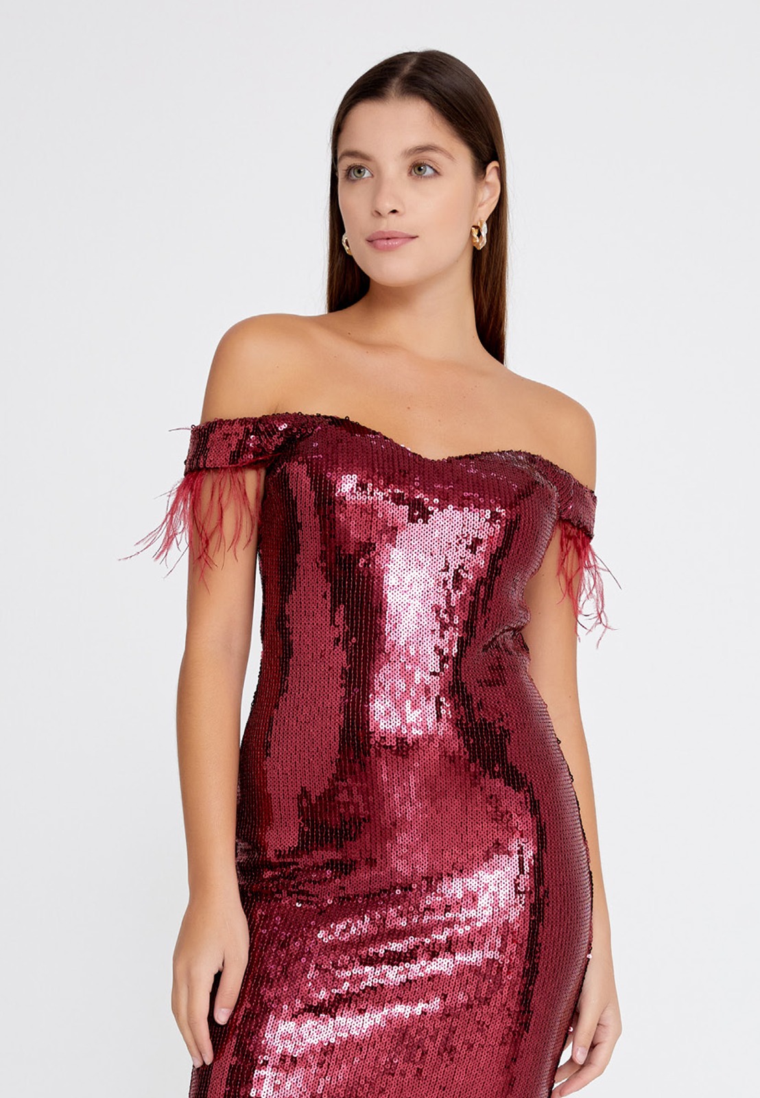 Off Shoulder Mini Sequin Regular Burgundy Evening Dress – Fiona Mezon