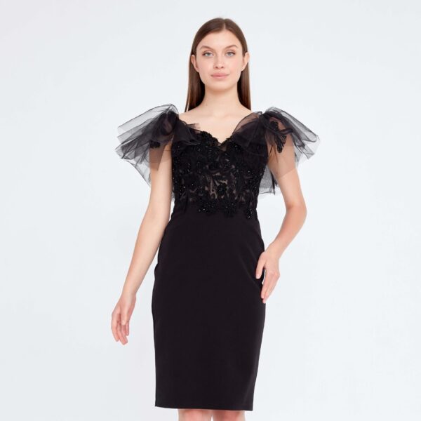 Short Sleeve Midi Tulle Regular Black Cocktail Dress - Image 2